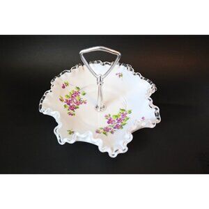 Vintage Fenton Ruffled Tidbit Candy Dish Milk Glass Silver Crest Handle Violets